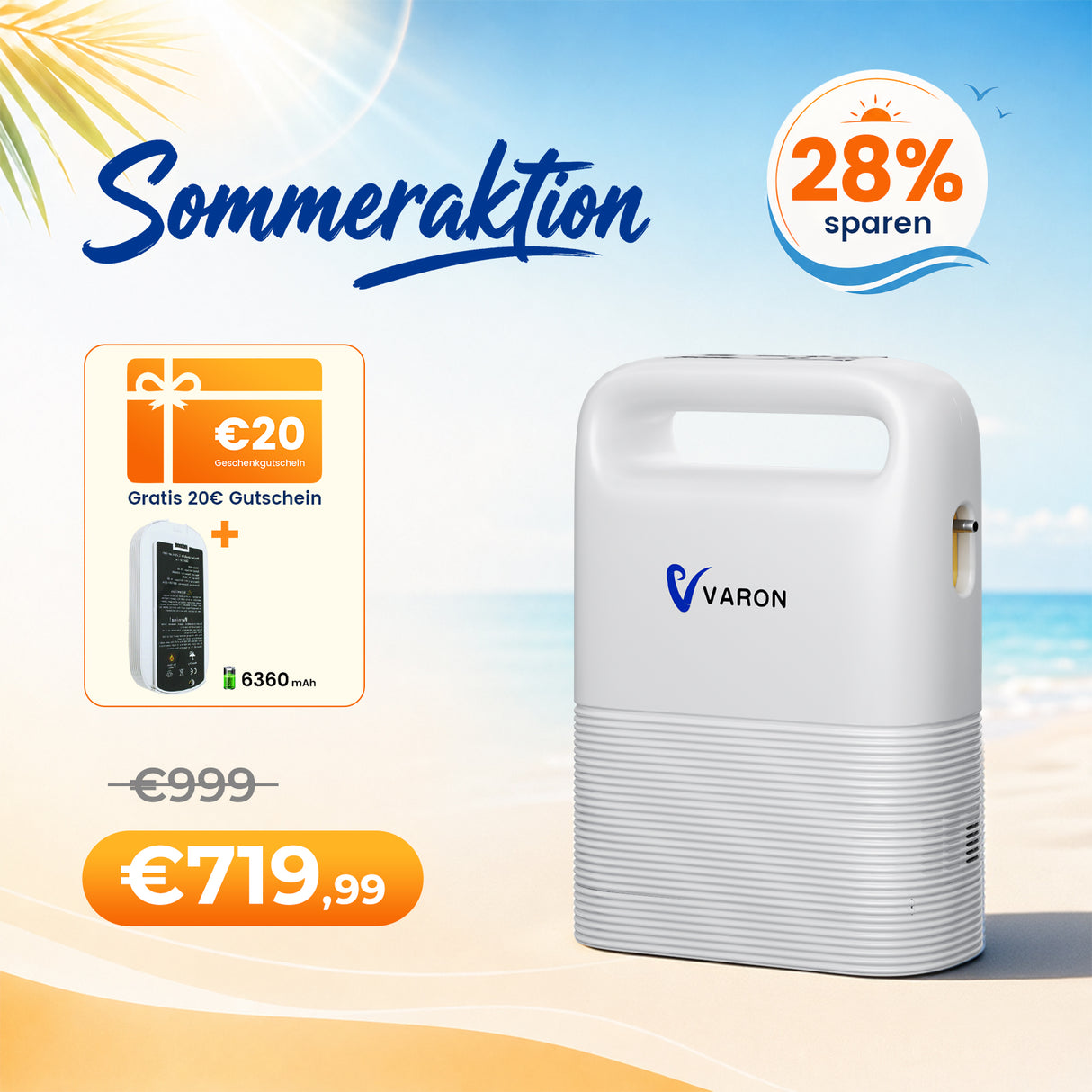 VARON VP-2 Pulse Sauerstoffkonzentrator Mobil mit Akku | 93% Sauerstoff, lange Batterie, CE-geprüft VARON