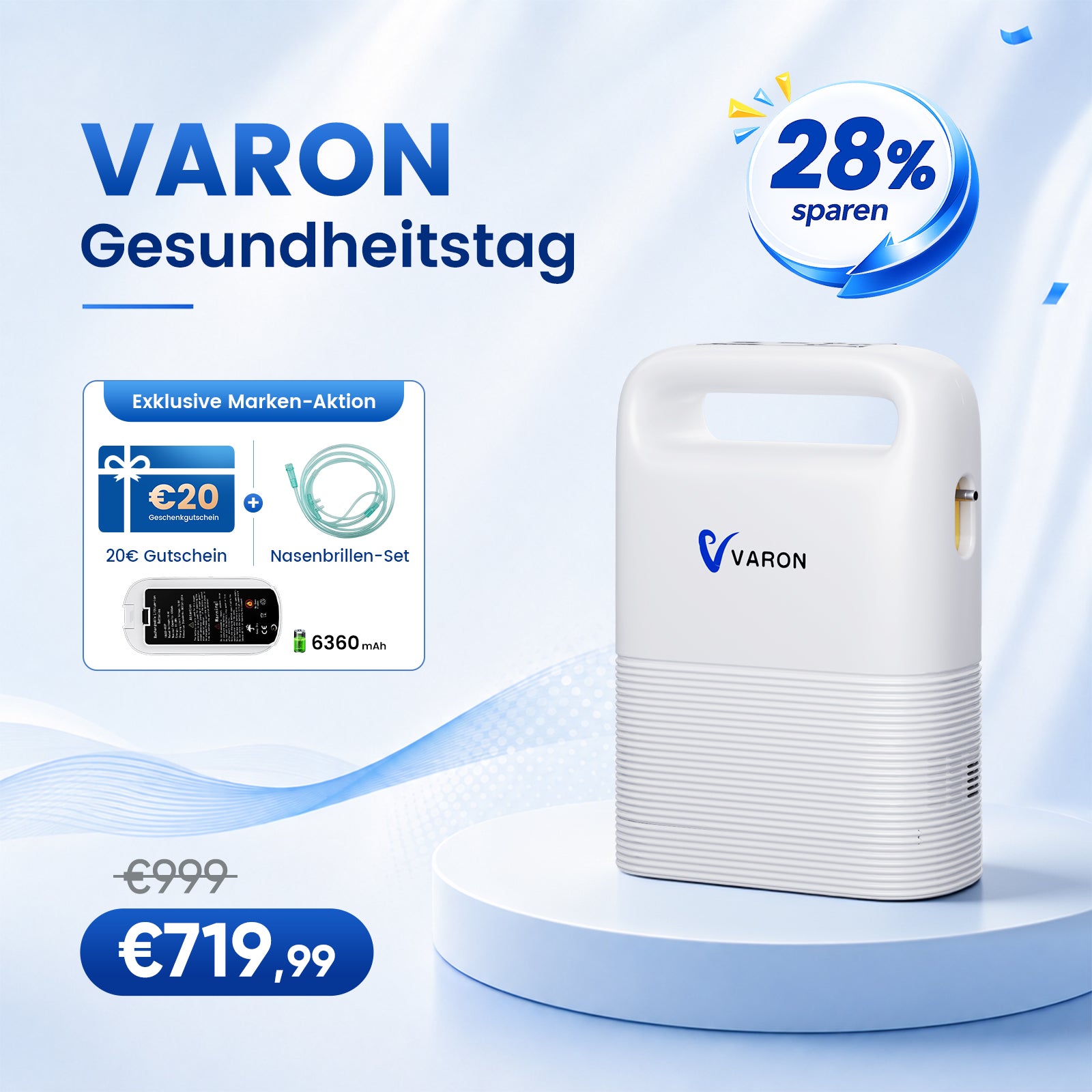 VARON VP-2 Pulse Sauerstoffkonzentrator Mobil mit Akku | 93% Sauerstoff, lange Batterie, CE-geprüft VARON