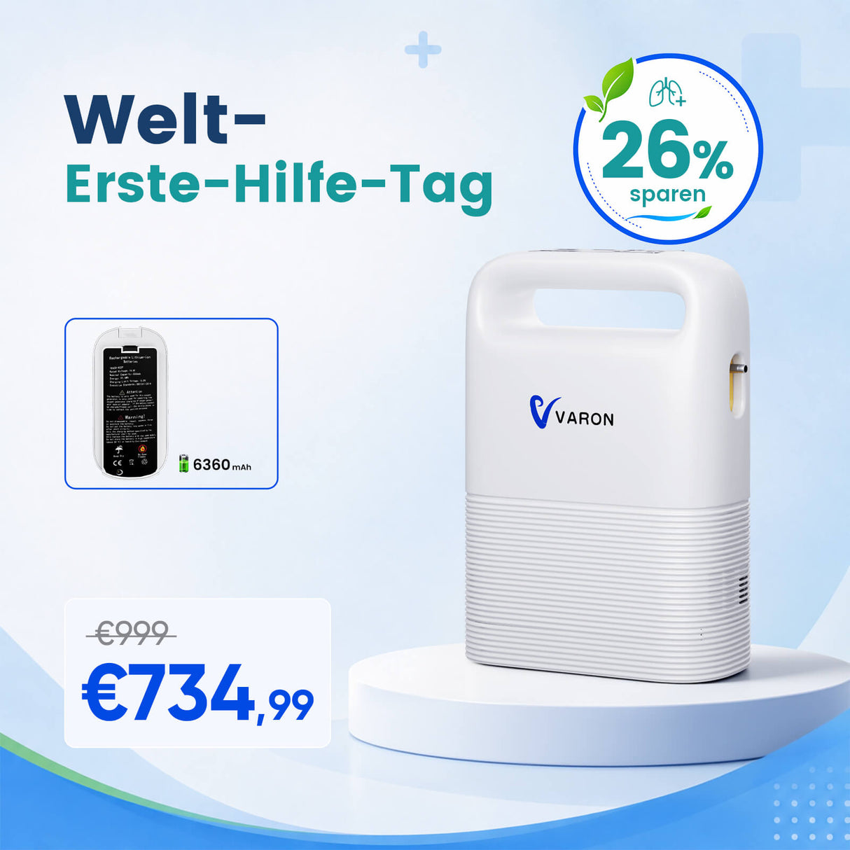 VARON VP-2 Pulse Sauerstoffkonzentrator Mobil mit Akku | 93% Sauerstoff, lange Batterie, CE-geprüft VARON