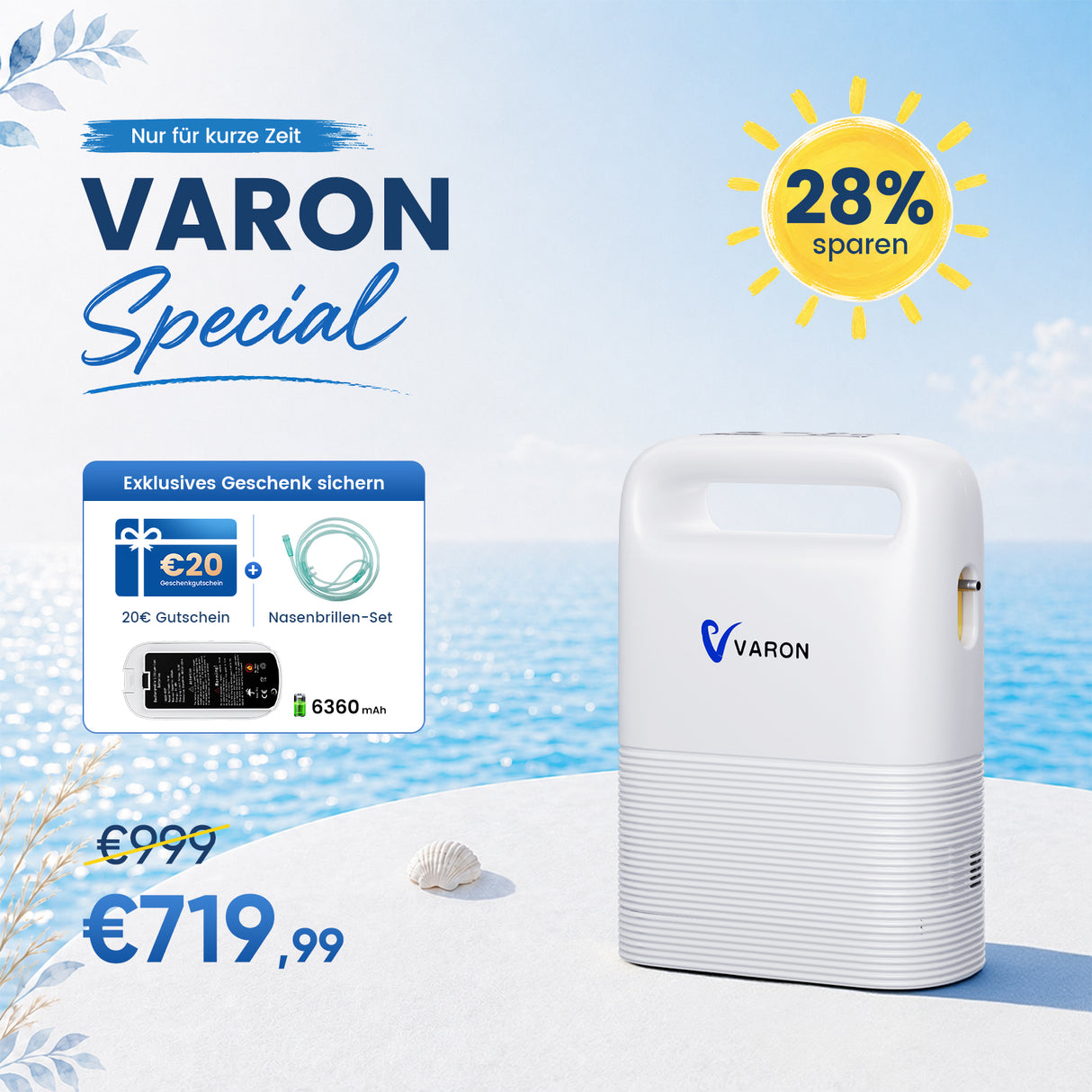 VARON VP-2 Pulse Sauerstoffkonzentrator Mobil mit Akku | 93% Sauerstoff, lange Batterie, CE-geprüft VARON