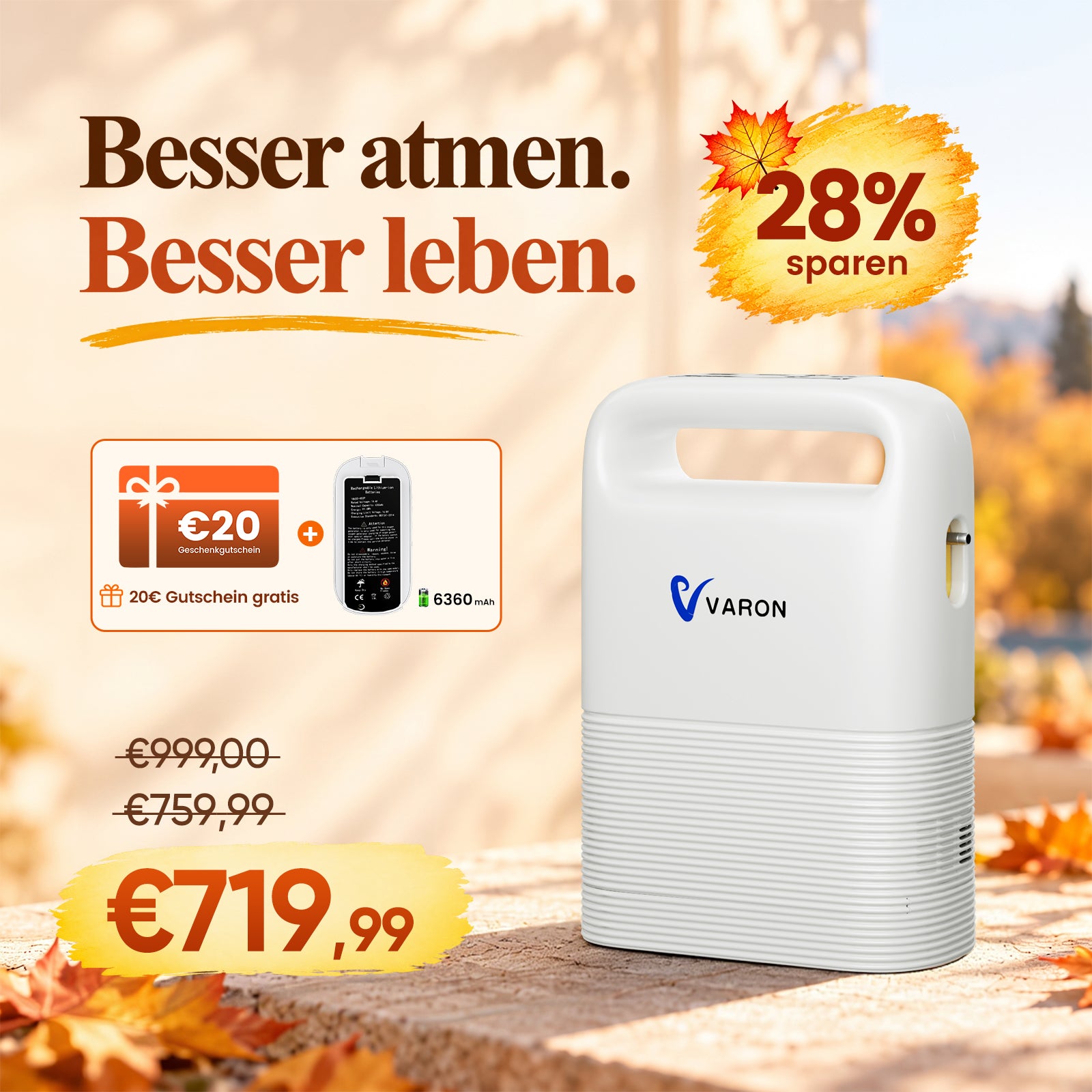 VARON VP-2 Pulse Sauerstoffkonzentrator Mobil mit Akku | 93% Sauerstoff, lange Batterie, CE-geprüft VARON