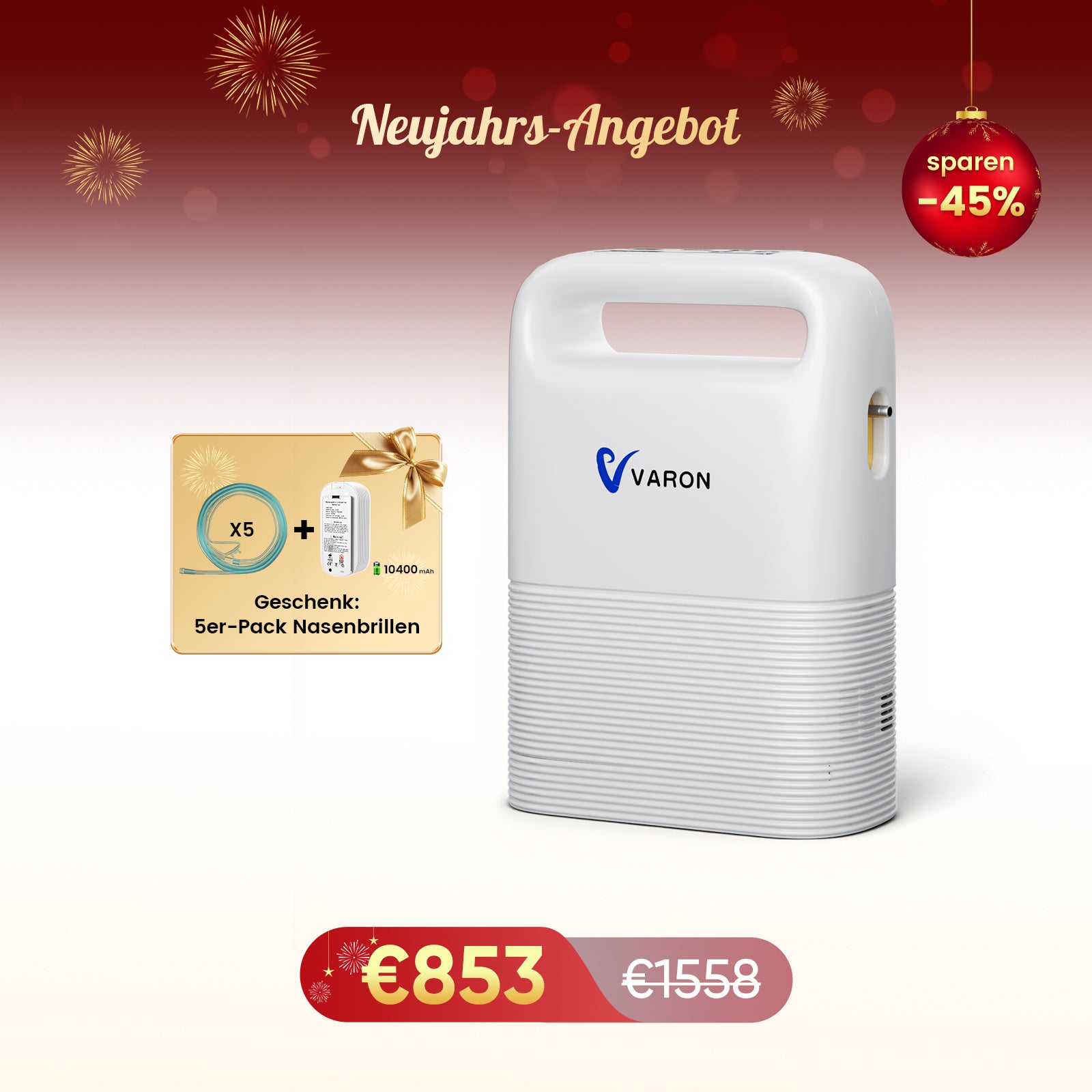 VARON VP-2 Pulse Sauerstoffkonzentrator Mobil mit Akku | 93% Sauerstoff, lange Batterie, CE-geprüft VARON