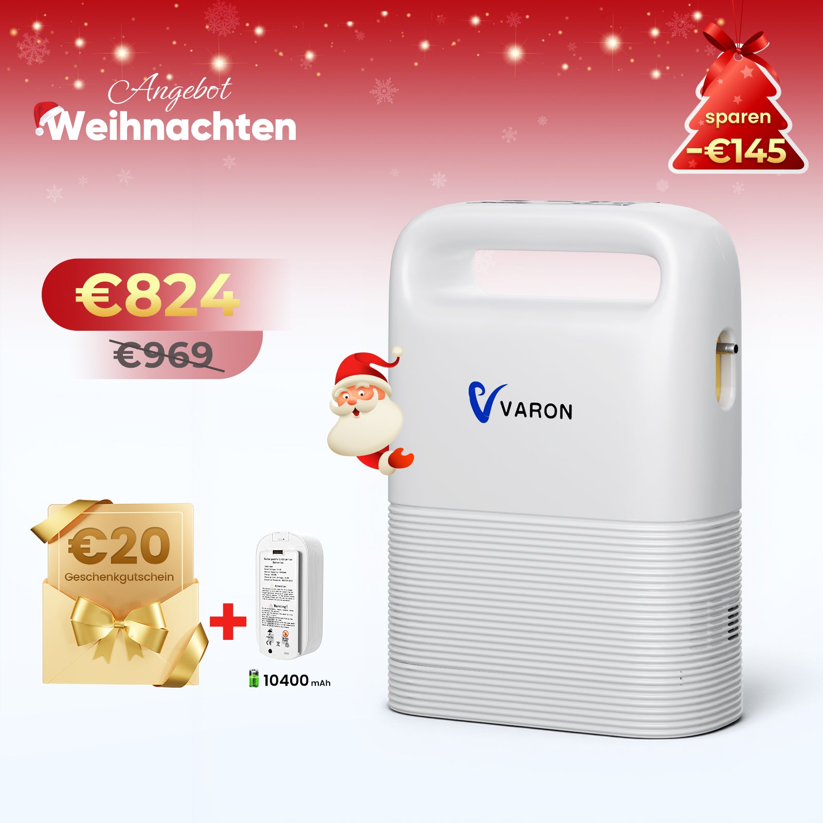 VARON VP-2 Pulse Sauerstoffkonzentrator Mobil mit Akku | 93% Sauerstoff, lange Batterie, CE-geprüft VARON