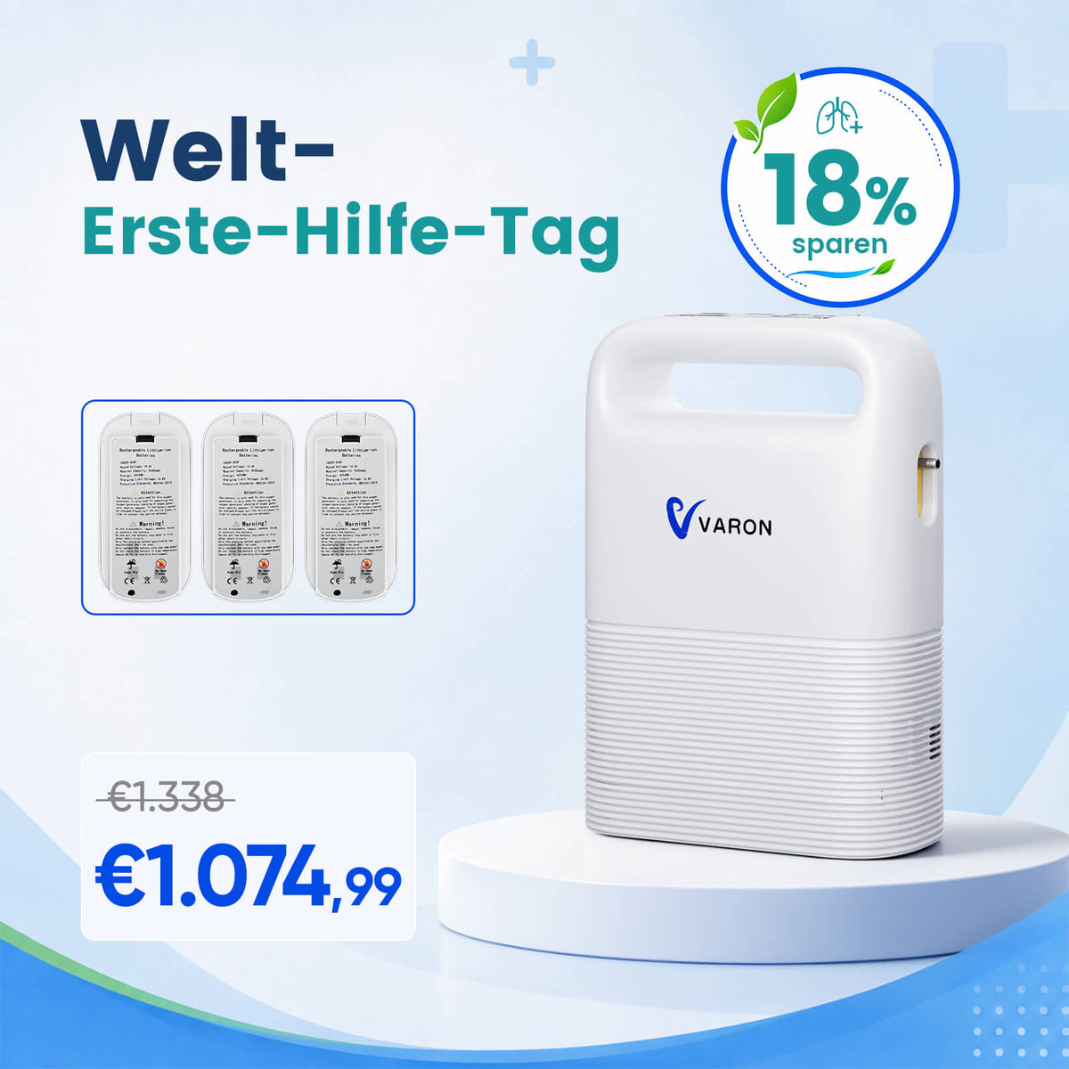 VARON VP-2 Mobiler Sauerstoffkonzentrator Bundle | 8 Stunden Laufzeit mit 2 Zusatzakkus VARON