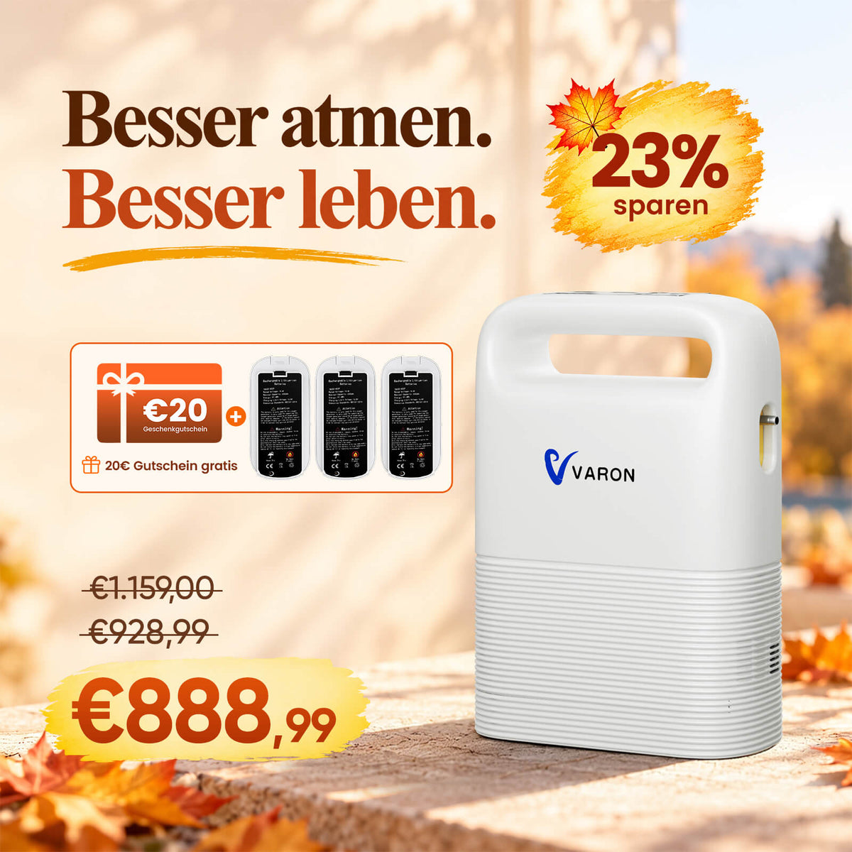 VARON VP-2 Mobiler Sauerstoffkonzentrator Bundle | 8 Stunden Laufzeit mit 2 Zusatzakkus VARON