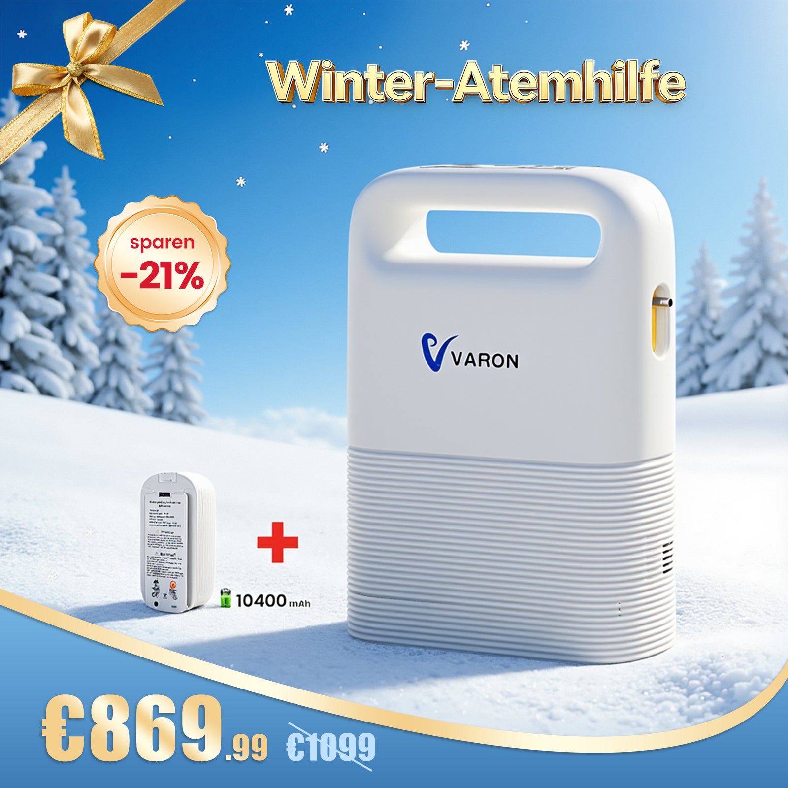 VARON VP-2 Pulse Sauerstoffkonzentrator Mobil mit Akku | 93% Sauerstoff, lange Batterie, CE-geprüft