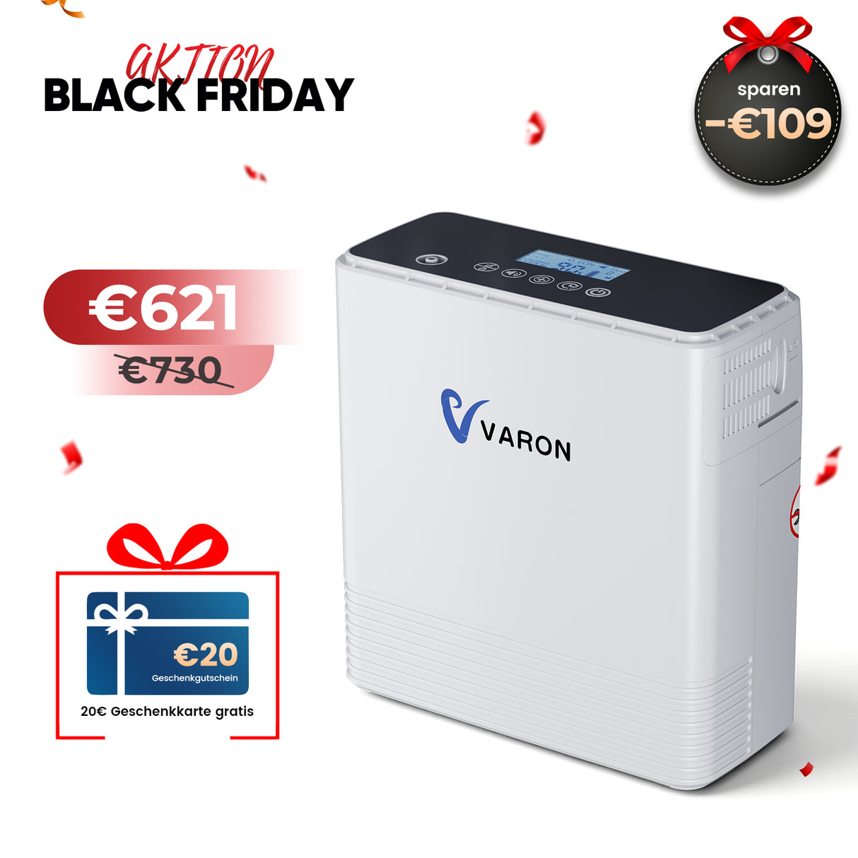 VARON VP-6 Kontinuierlicher Sauerstoffkonzentrator Mobil mit Akku | 6-Stufen-Regelung, CE-geprüft VARON