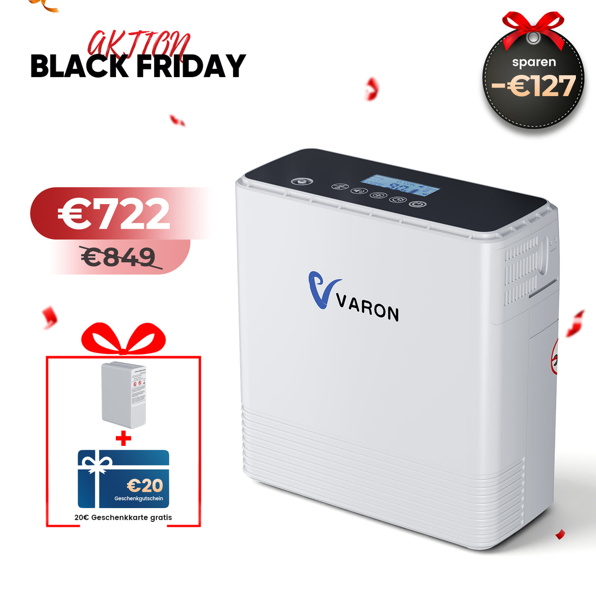 VARON VP-6 Kontinuierlicher Sauerstoffkonzentrator Mobil mit Akku | 6-Stufen-Regelung, CE-geprüft VARON