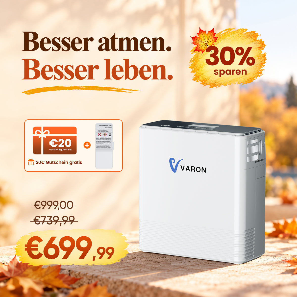 VARON VP-6 Kontinuierlicher Sauerstoffkonzentrator Mobil mit Akku | 6-Stufen-Regelung, CE-geprüft VARON
