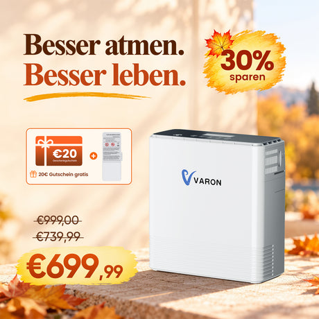 VARON VP-6 Kontinuierlicher Sauerstoffkonzentrator Mobil mit Akku | 6-Stufen-Regelung, CE-geprüft VARON