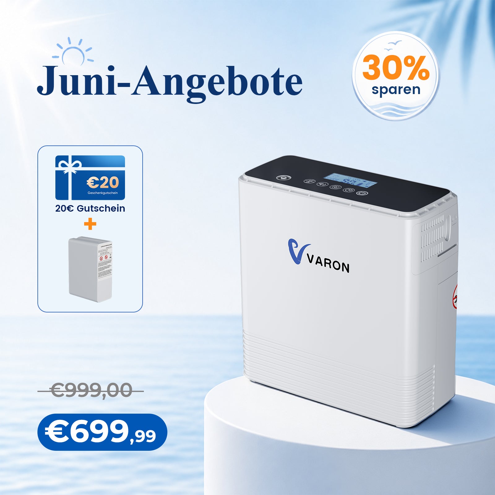 VARON VP-6 Kontinuierlicher Sauerstoffkonzentrator Mobil mit Akku | 6-Stufen-Regelung, CE-geprüft VARON