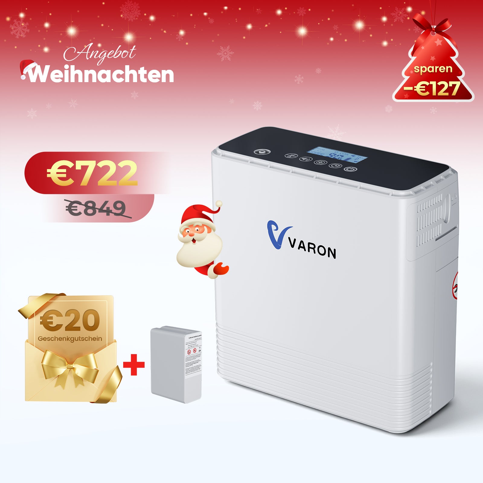 VARON VP-6 Kontinuierlicher Sauerstoffkonzentrator Mobil mit Akku | 6-Stufen-Regelung, CE-geprüft VARON