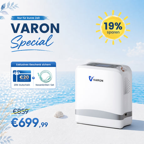 NEU VARON VP-8 Lite | 2 kg tragbarer Sauerstoffkonzentrator mit Pulsdosierung (1–7 Stufen) VARON