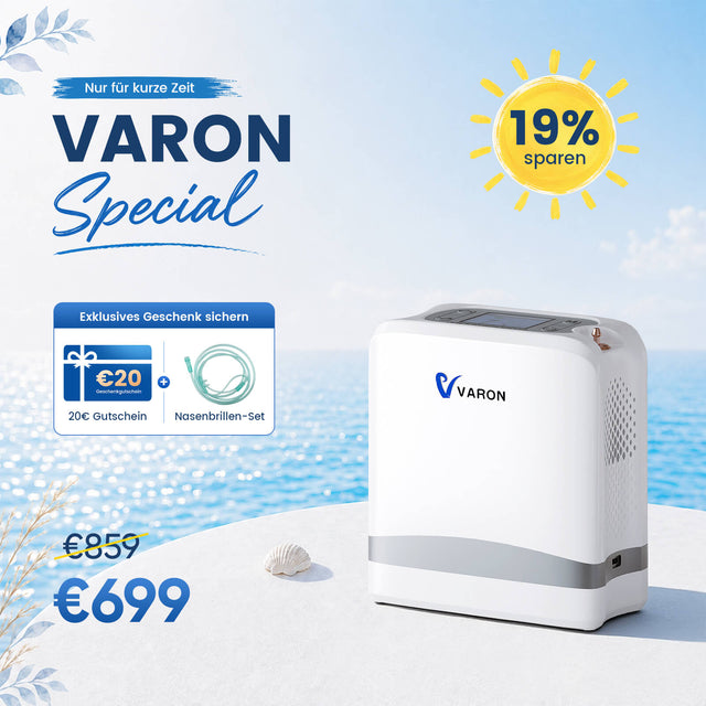 NEU VARON VP-8 Lite | 2 kg tragbarer Sauerstoffkonzentrator mit Pulsdosierung (1–7 Stufen) VARON