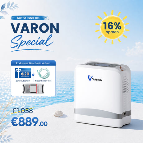 NEU VARON VP-8 Lite | 2 kg tragbarer Sauerstoffkonzentrator mit Pulsdosierung (1–7 Stufen) VARON