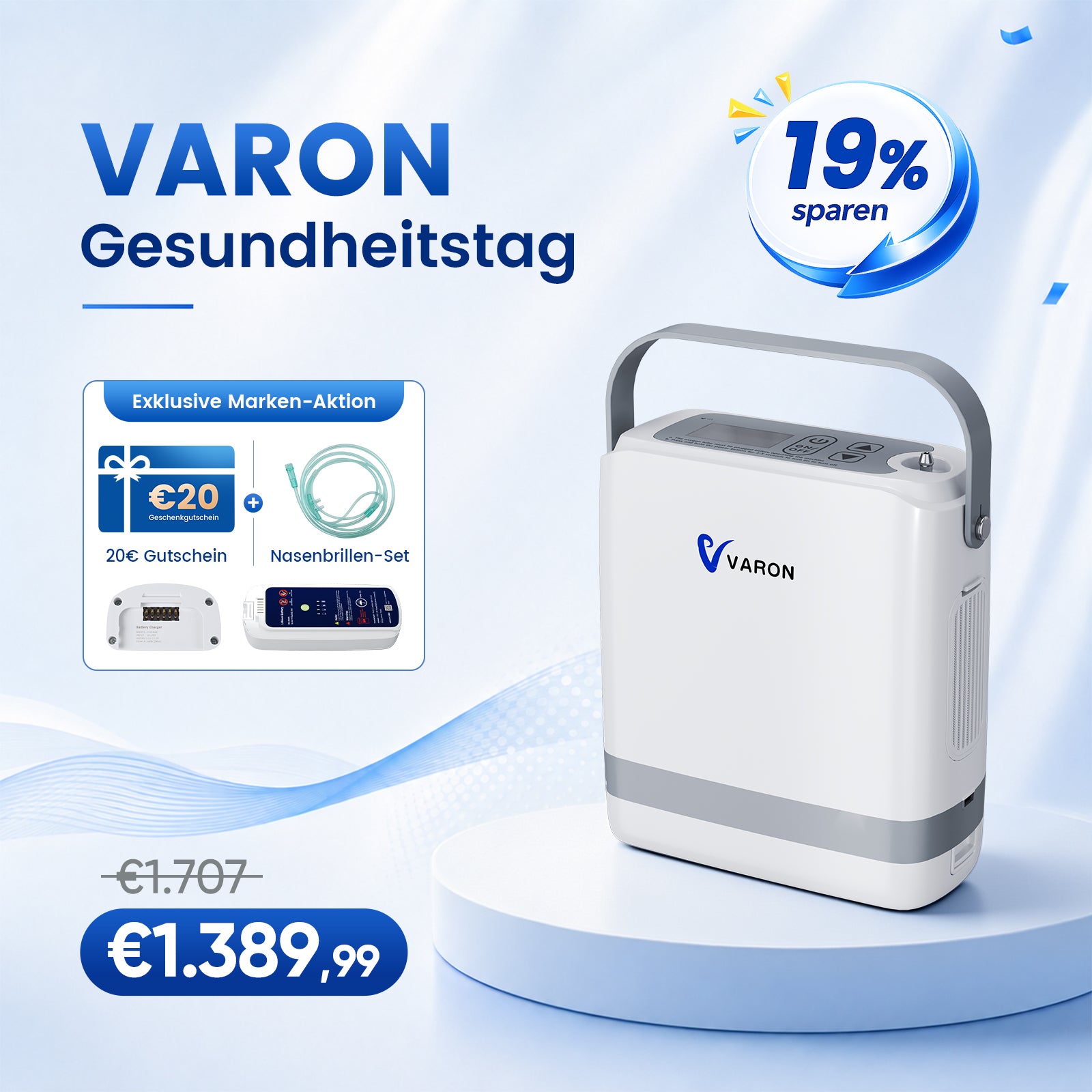 VARON VP-8G | Sauerstoffkonzentrator Mobil mit Pulsfluss-Technologie (1-8 Stufen) VARON