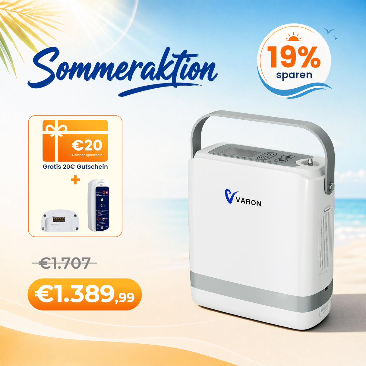 VARON VP-8G | Sauerstoffkonzentrator Mobil mit Pulsfluss-Technologie (1-8 Stufen) VARON