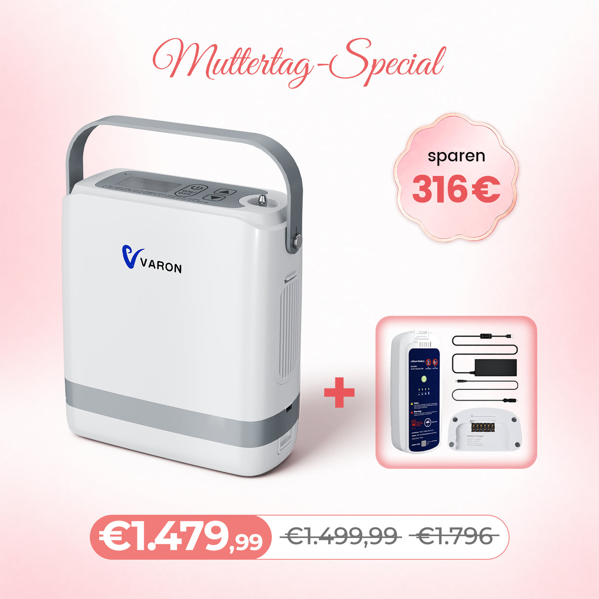 VARON VP-8G | Sauerstoffkonzentrator Mobil mit Pulsfluss-Technologie (1-8 Stufen) VARON