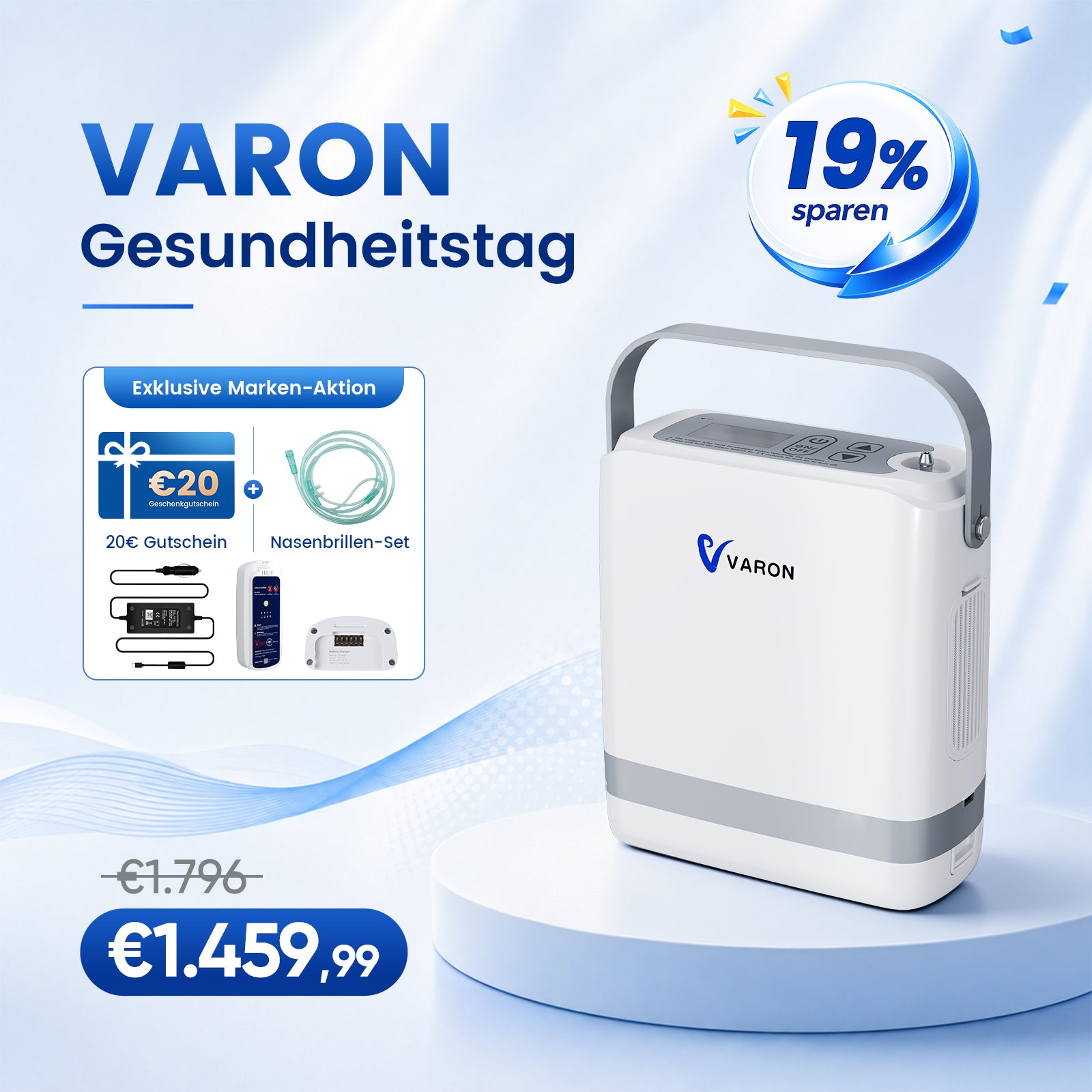 VARON VP-8G | Sauerstoffkonzentrator Mobil mit Pulsfluss-Technologie (1-8 Stufen) VARON