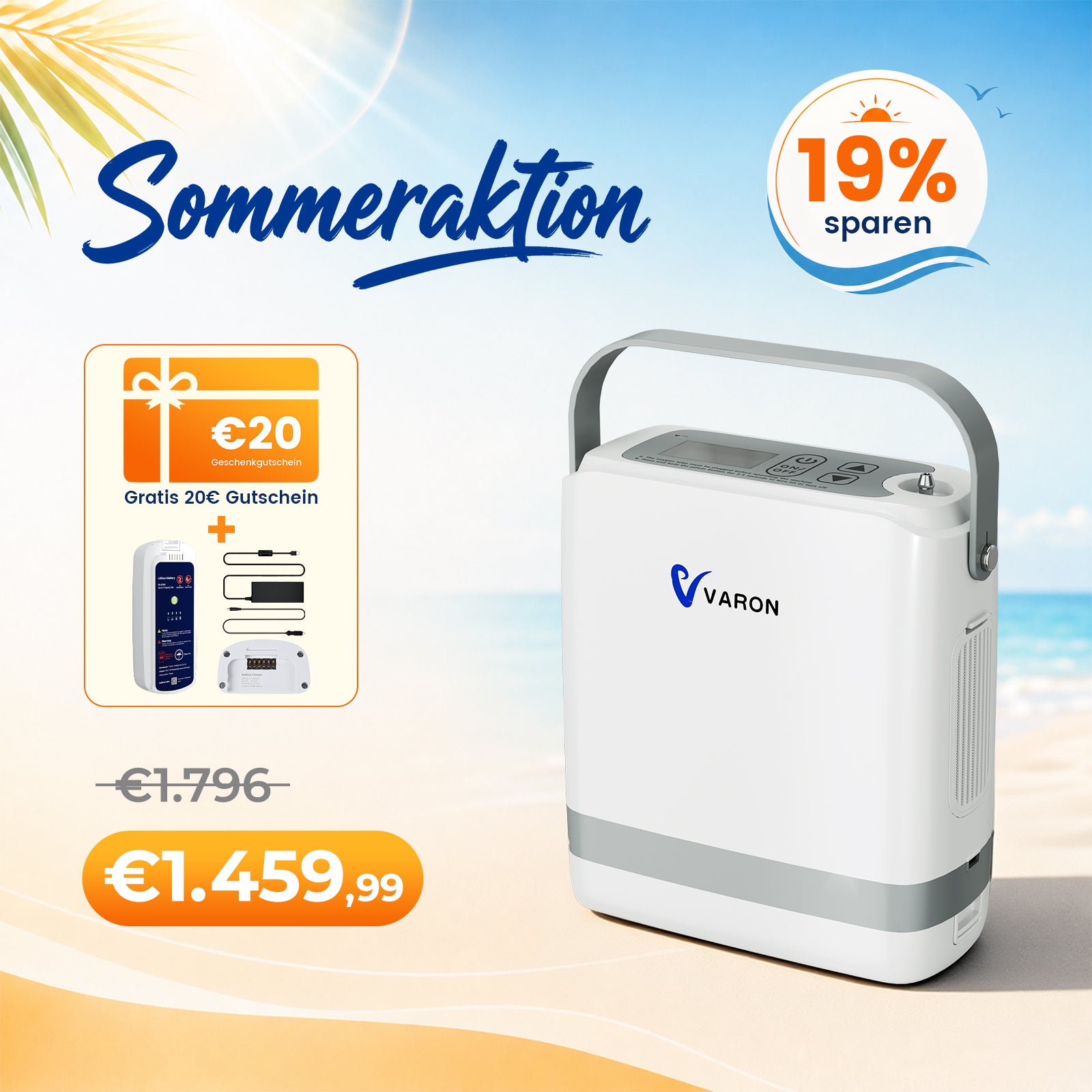 VARON VP-8G | Sauerstoffkonzentrator Mobil mit Pulsfluss-Technologie (1-8 Stufen) VARON