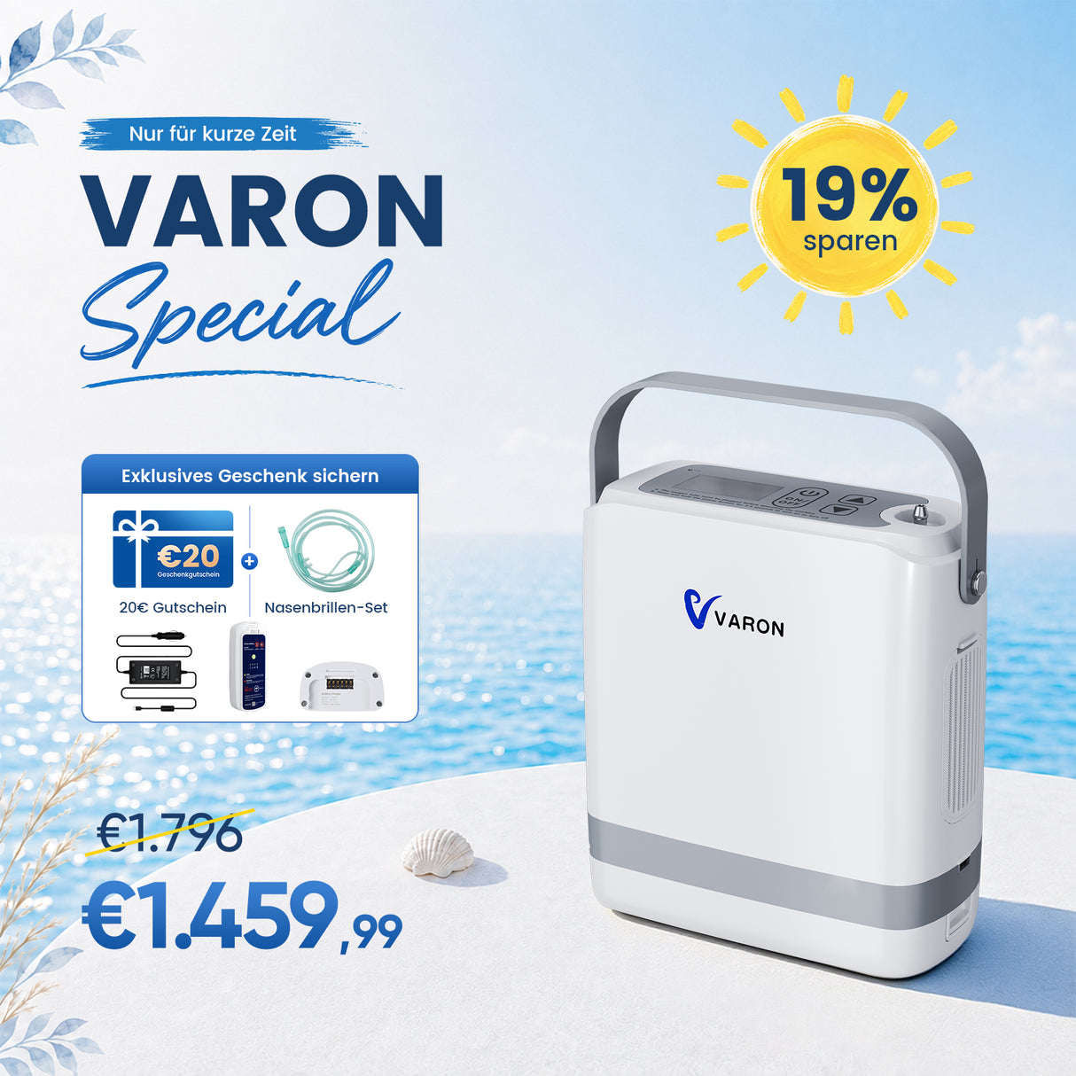 VARON VP-8G | Sauerstoffkonzentrator Mobil mit Pulsfluss-Technologie (1-8 Stufen) VARON