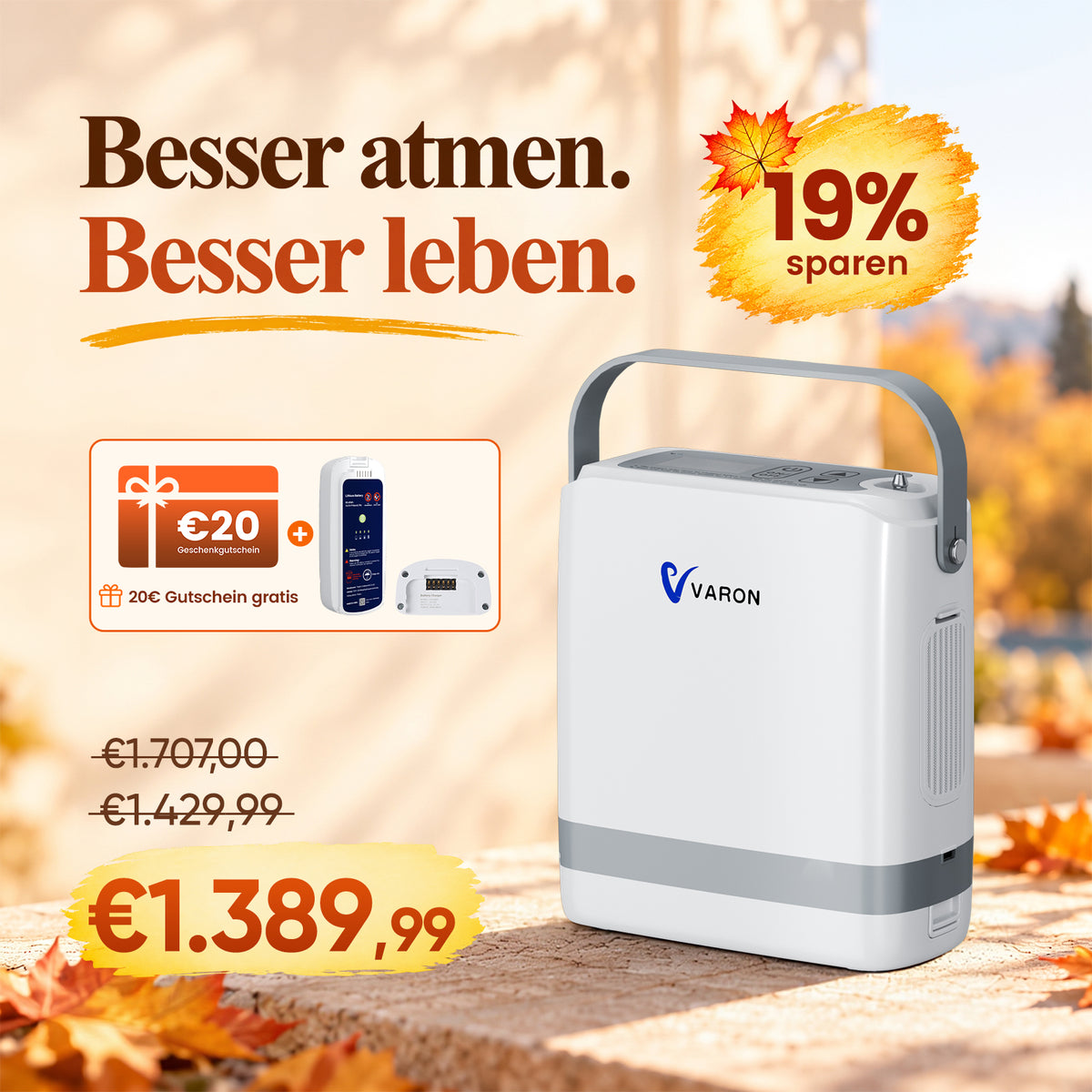 VARON VP-8G | Sauerstoffkonzentrator Mobil mit Pulsfluss-Technologie (1-8 Stufen) VARON