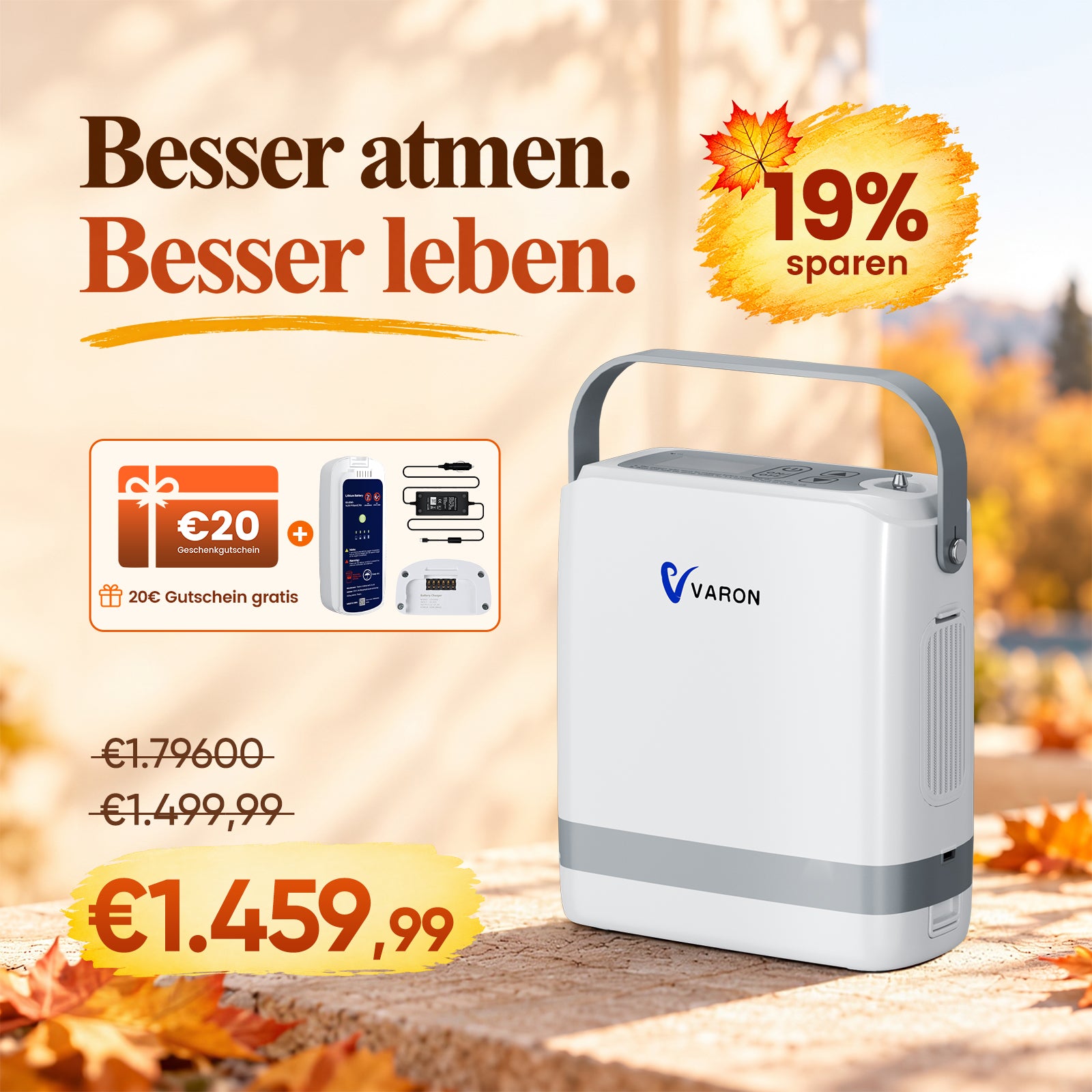 VARON VP-8G | Sauerstoffkonzentrator Mobil mit Pulsfluss-Technologie (1-8 Stufen) VARON