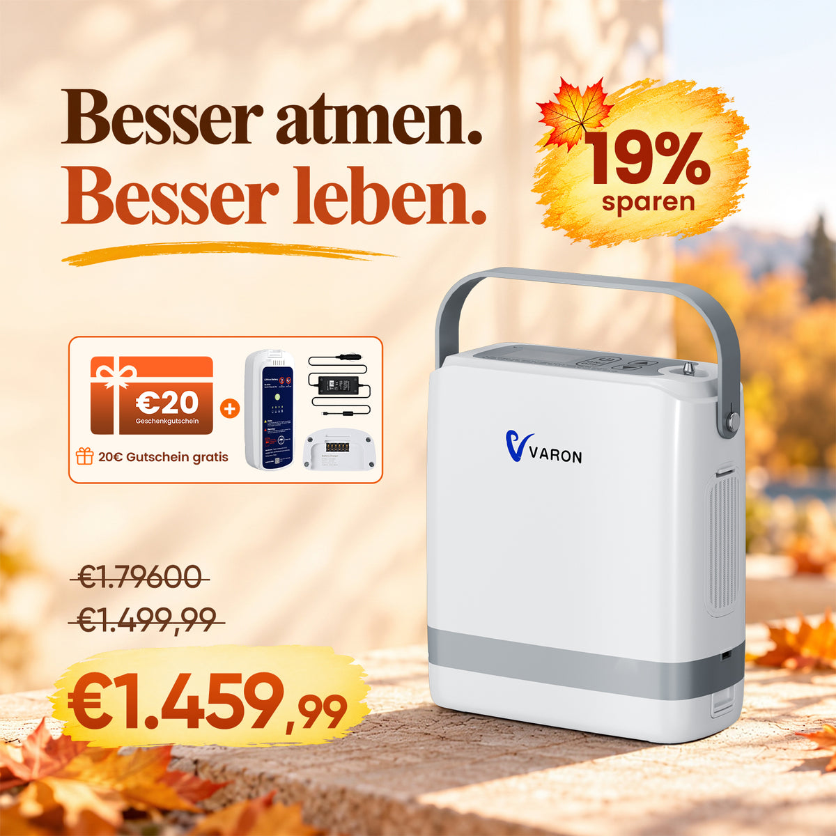 VARON VP-8G | Sauerstoffkonzentrator Mobil mit Pulsfluss-Technologie (1-8 Stufen) VARON
